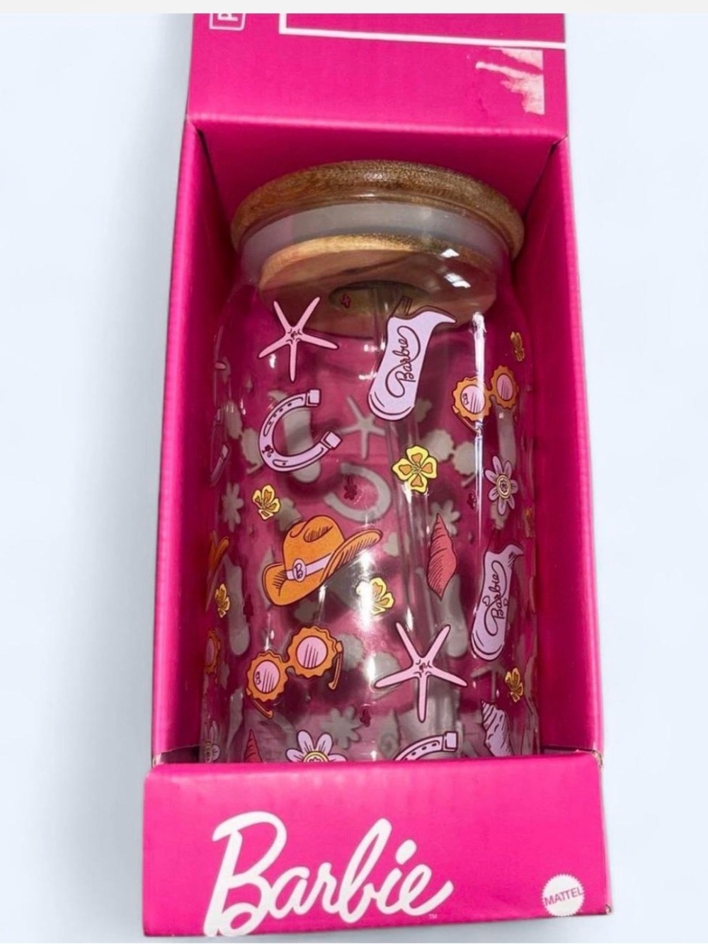 Barbie Beach Graphic Pink Glass Jar with Cork Lid